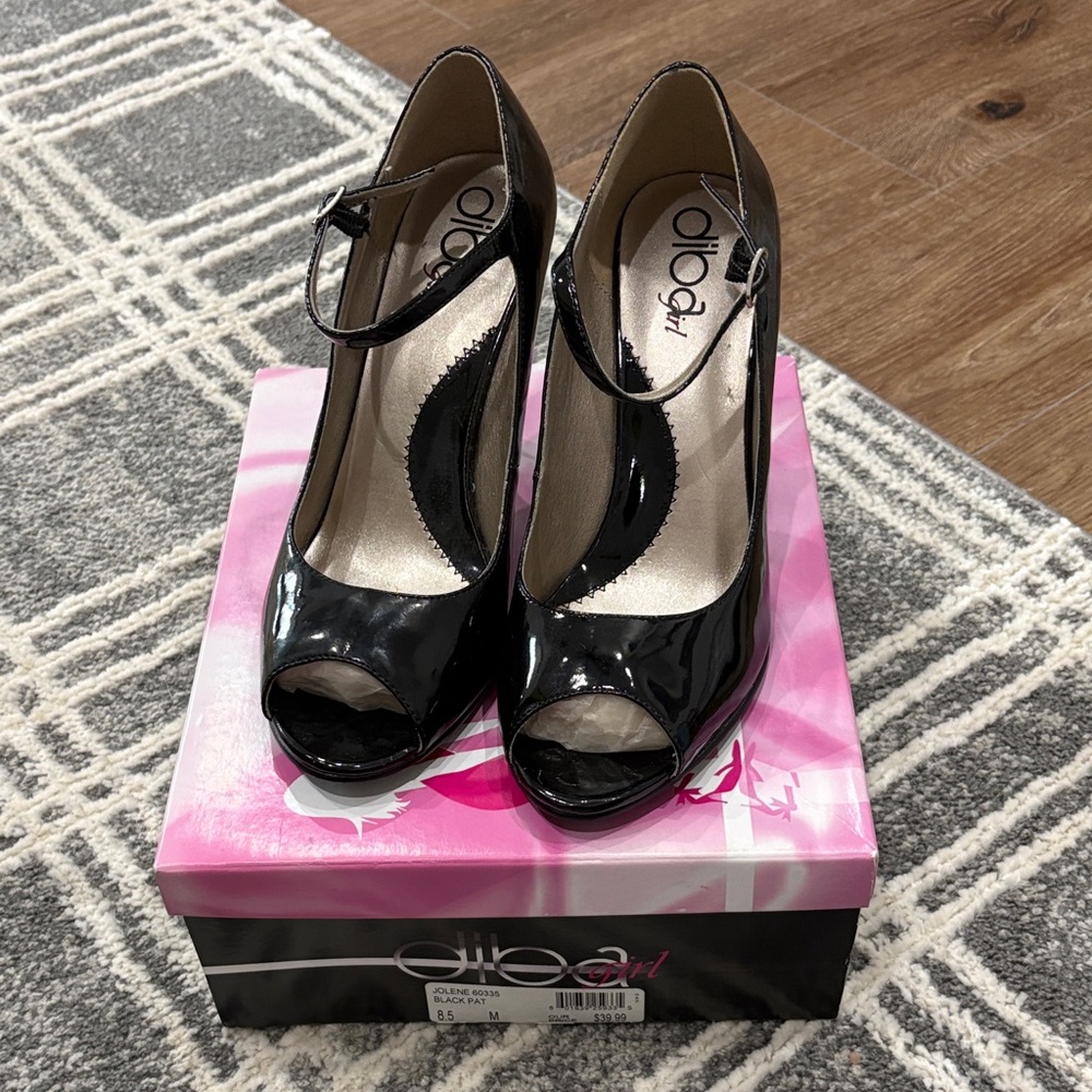 Diba Shiny Black Peep Toe Heels